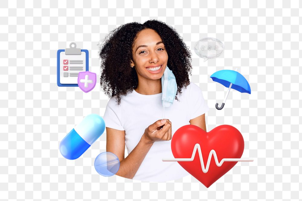 Health insurance png, smiling woman, healthcare remix