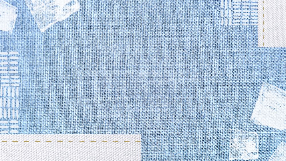 Blue fabric textured desktop wallpaper, block prints border, editable design