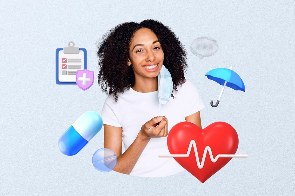 Health insurance, smiling woman, healthcare remix