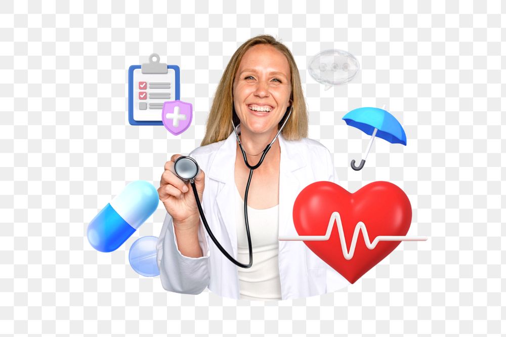 Health check-up png, smiling doctor, healthcare remix