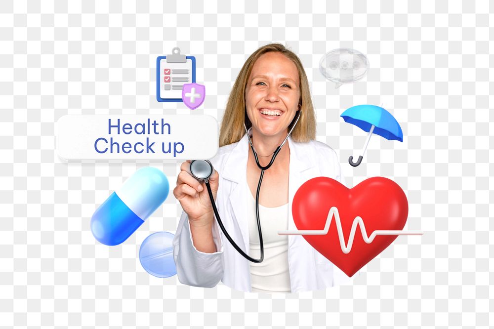 Health check up word png, smiling doctor, healthcare remix