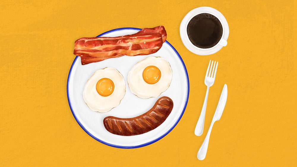 Cute breakfast computer wallpaper, sunny side up and bacon illustration, editable design