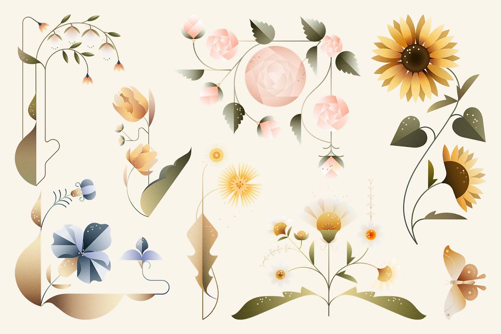 Pastel geometric flowers illustration set, editable design