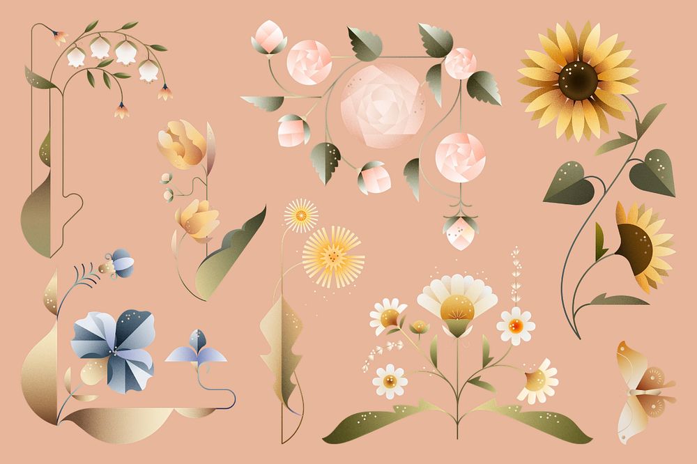 Pastel geometric flowers illustration set, editable design