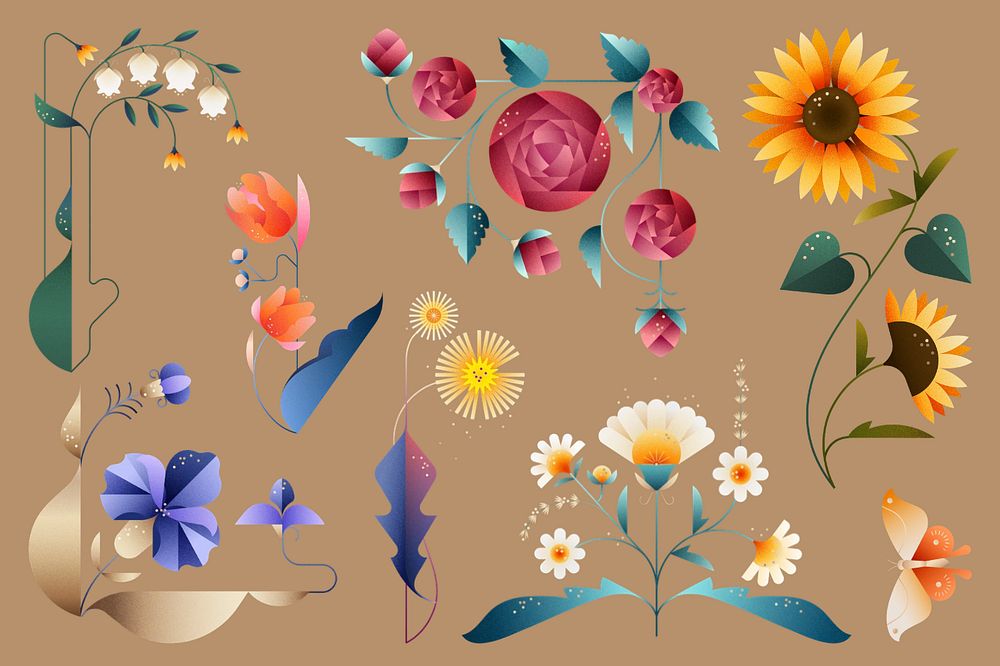 Colorful geometric flowers illustration  set, editable design