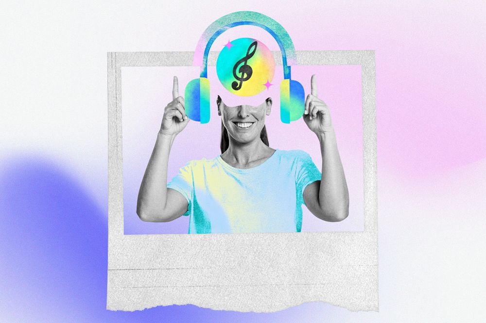 Woman listening to music, creative remix