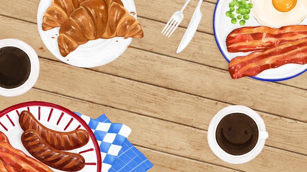 Breakfast food illustration computer wallpaper, wooden table background, editable design