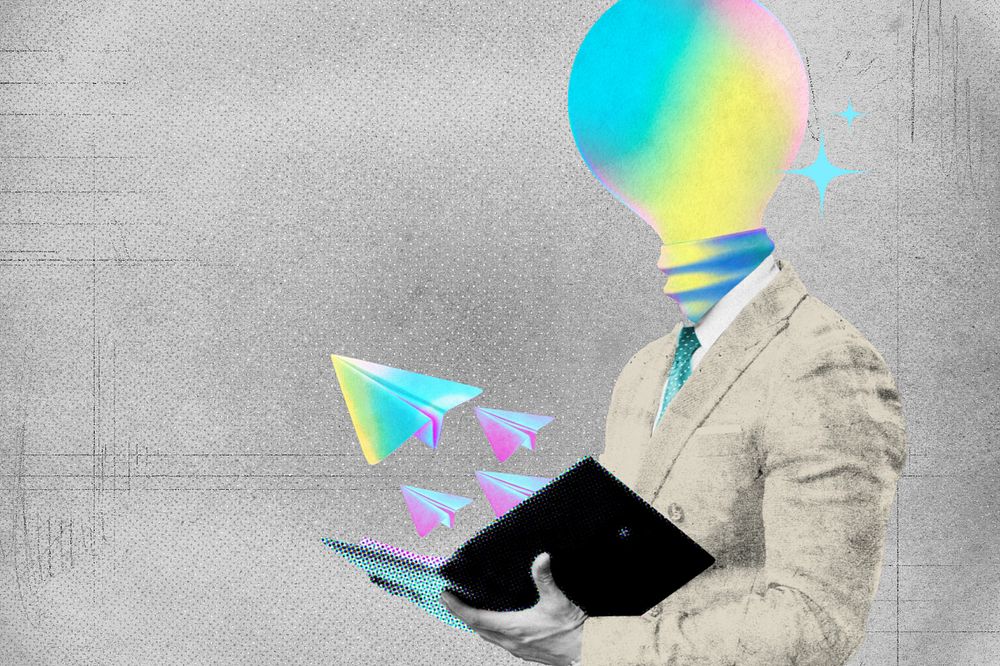 Innovative businessman, editable light bulb-head collage remix