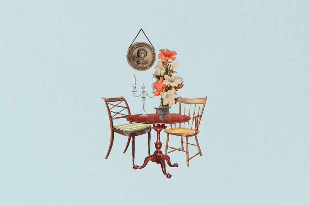 Victorian furniture, editable chair and table collage. Remixed by rawpixel.