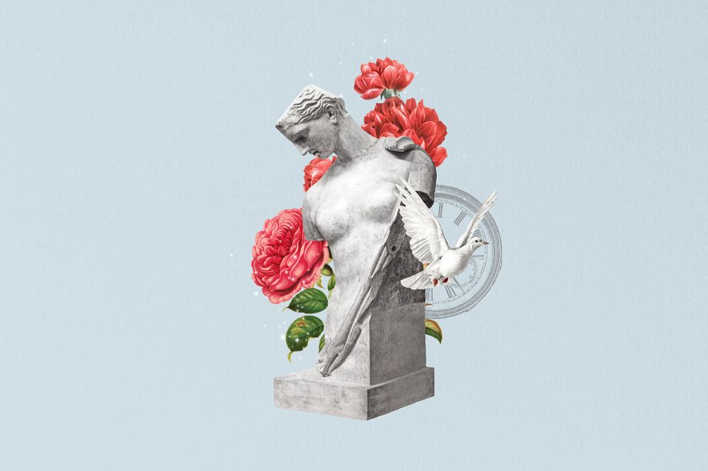 Greek Goddess statue, editable flower collage. Remixed by rawpixel.