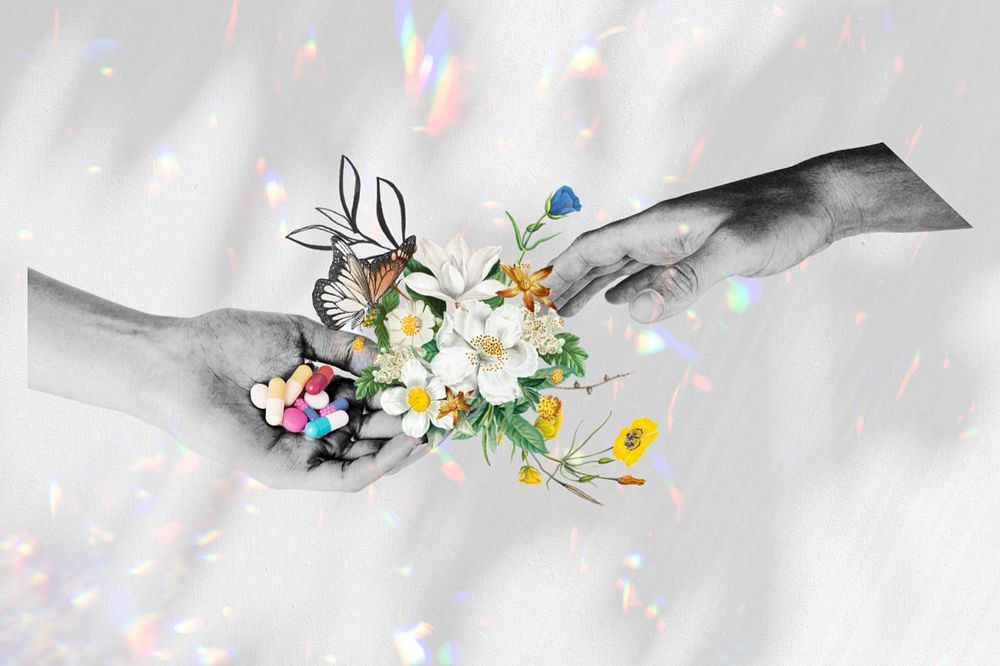 Couple hands giving flowers, surreal floral remix, editable design