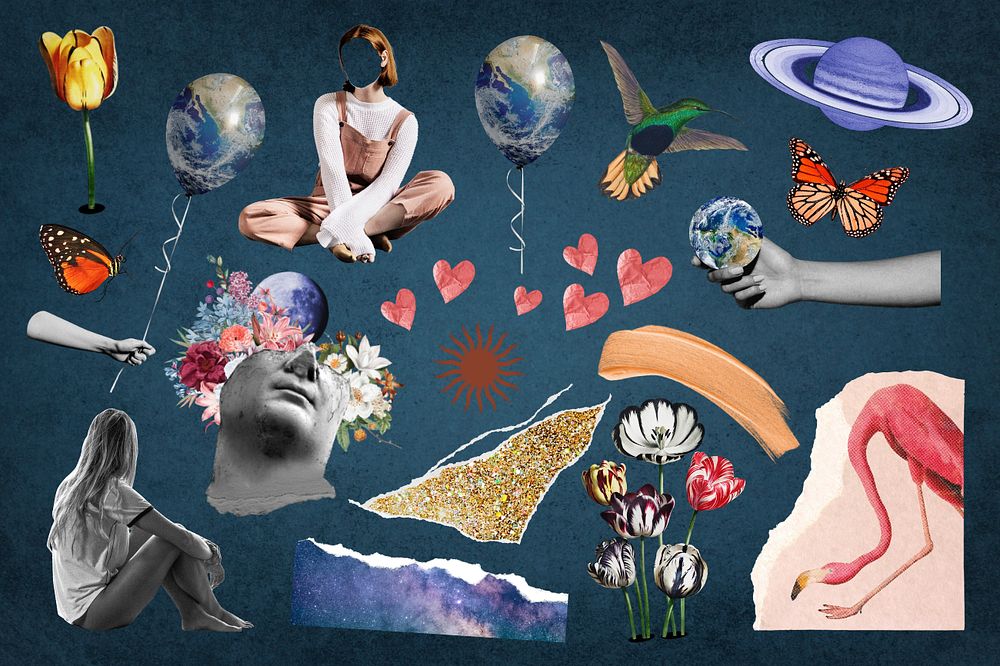 Aesthetic surreal escapism collage element set, editable design