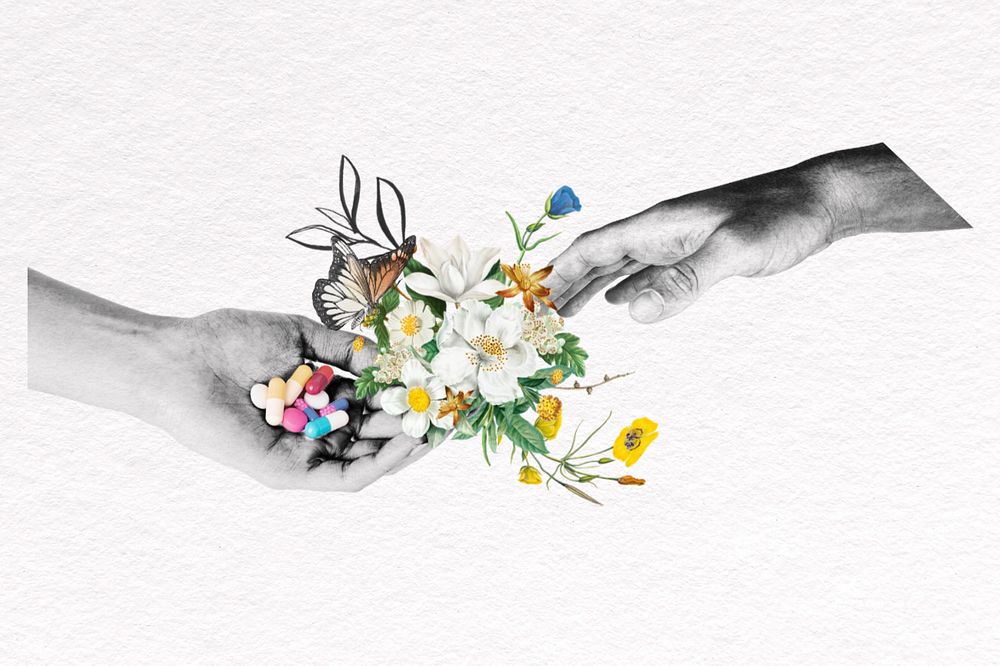 Couple hands giving flowers, surreal floral remix, editable design