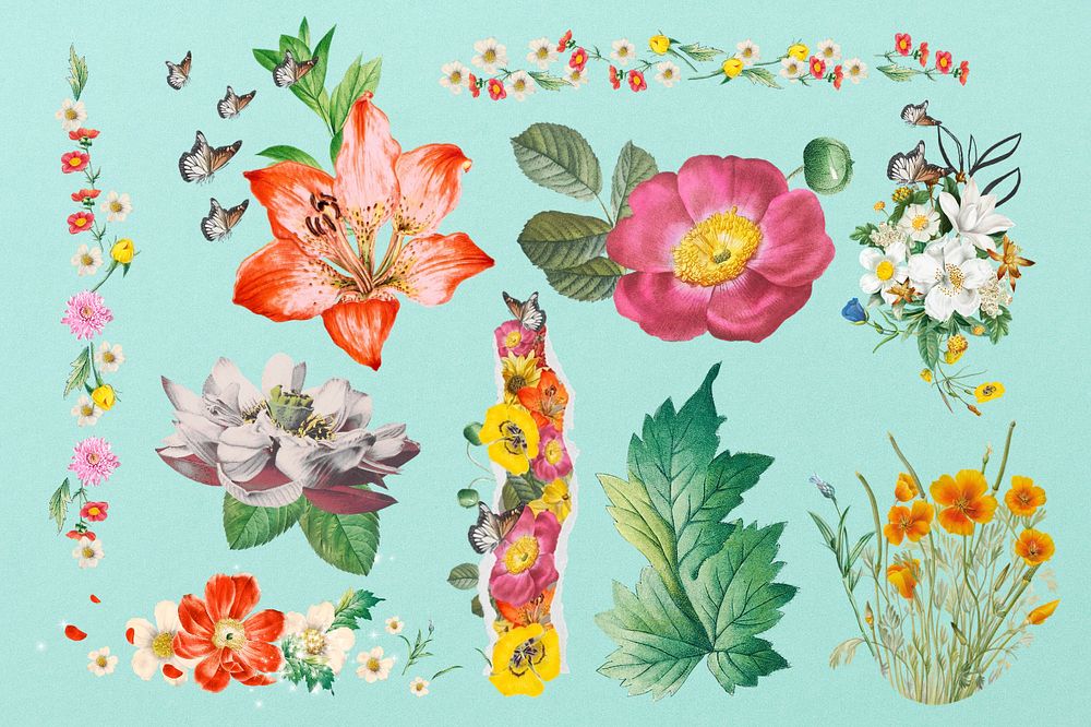 Colorful flowers collage element set, editable design