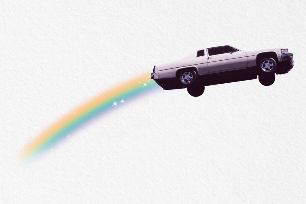 Flying car with rainbow, surreal remix, editable design