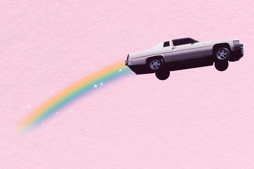 Flying car with rainbow, surreal remix, editable design