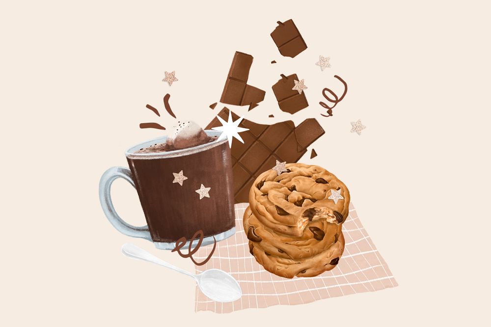 Chocolate chip cookies & milk, drink illustration, editable design