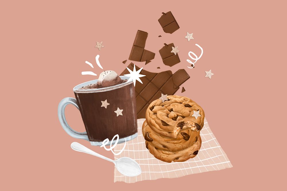 Chocolate chip cookies & milk, drink illustration, editable design