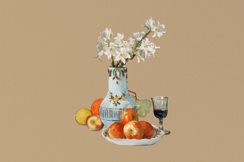 Vase fruit still life, editable vintage. Remixed by rawpixel.