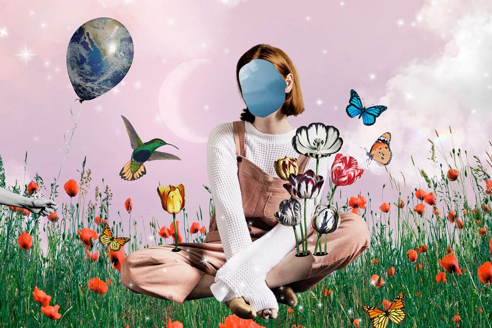 Aesthetic surreal wildflowers, faceless woman remix, editable design