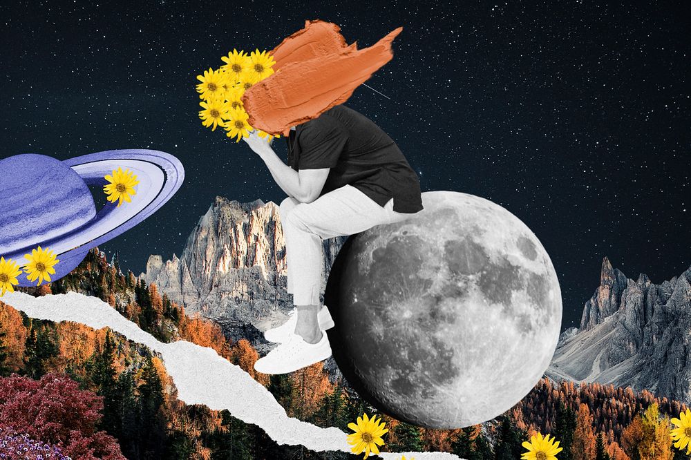 Moon collage art, surreal escapism remix, editable design