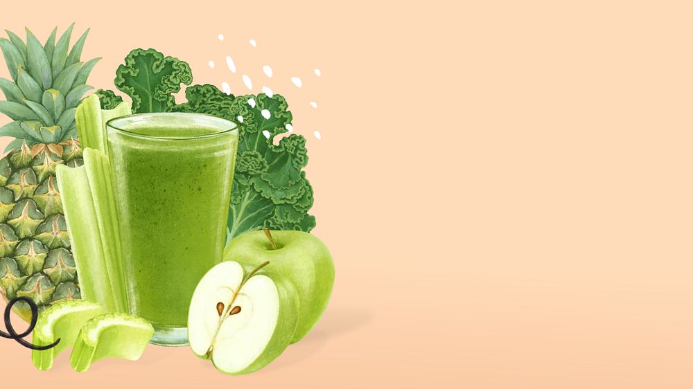 Healthy green juice computer wallpaper, fruit and vegetable illustration, editable design