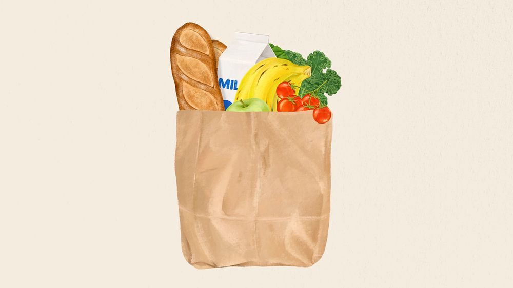 Food grocery bag desktop wallpaper, beige background, editable design