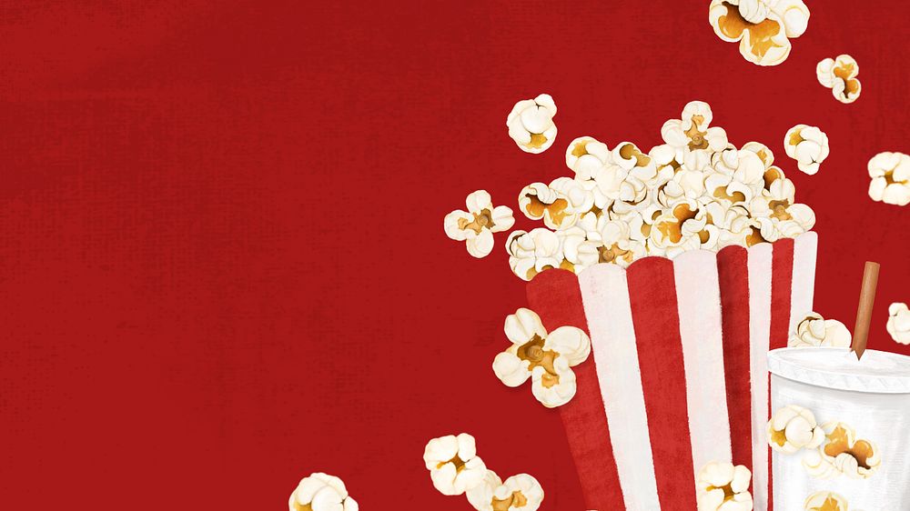 Popcorn movie snacks computer wallpaper, red food background, editable design