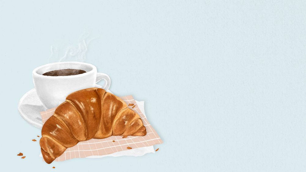 Blue croissant breakfast computer wallpaper, aesthetic food illustration, editable design