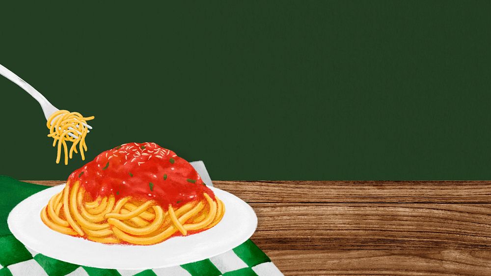 Delicious spaghetti computer wallpaper, green border background, editable design