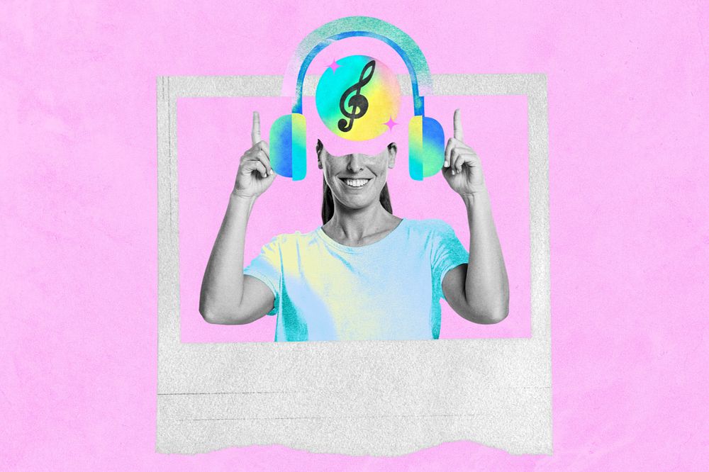 Woman listening to music, creative remix