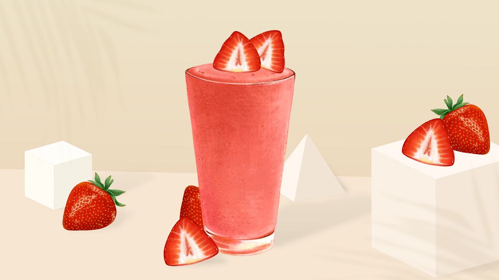 Strawberry smoothie glass HD wallpaper, healthy drink illustration, editable design