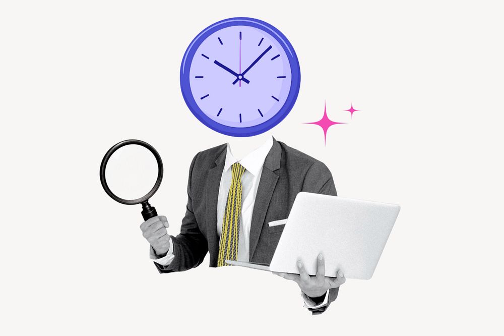 Clock-head businessman, work-life balance concept, editable design