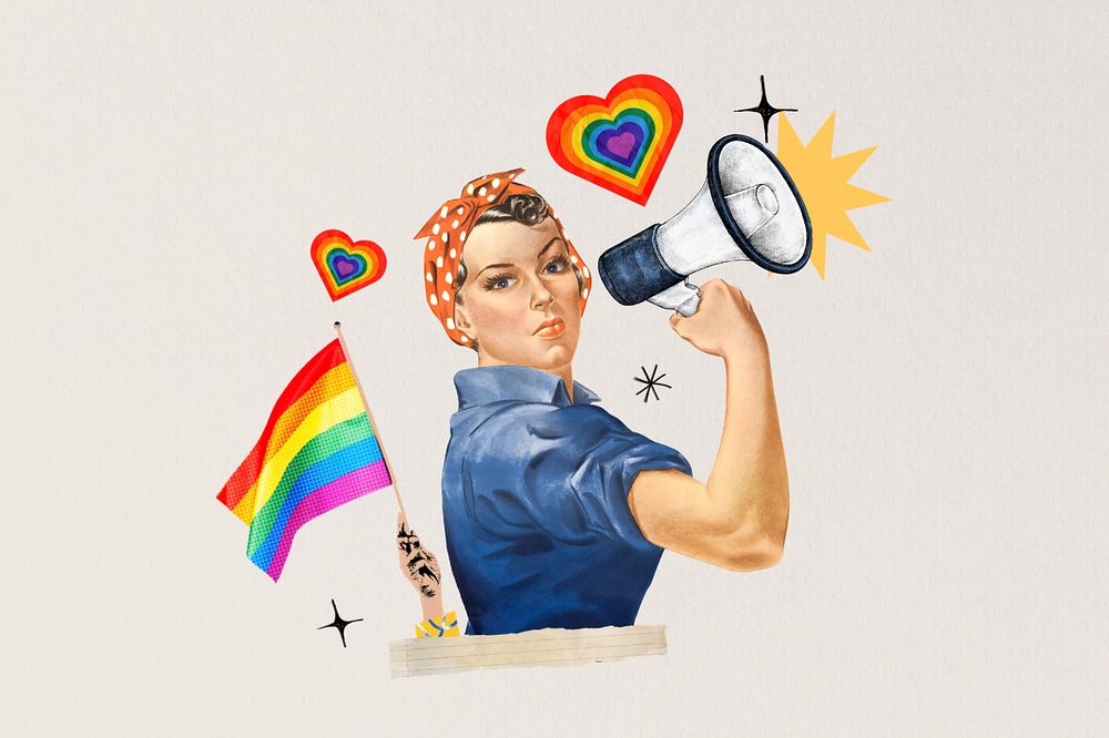 LGBT woman activist editable holding pride flag. Remixed by rawpixel.