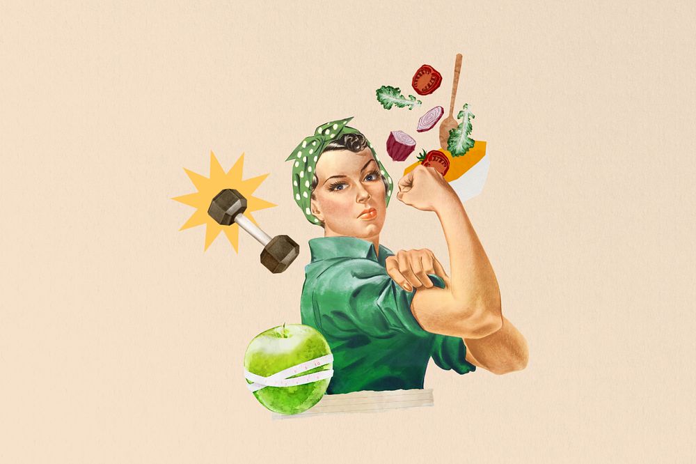 Flexing woman, healthy diet & wellness editable collage. Remixed by rawpixel.