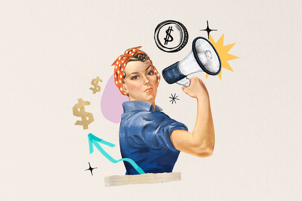 Investor finding, woman holding megaphone, editable finance. Remixed by rawpixel.