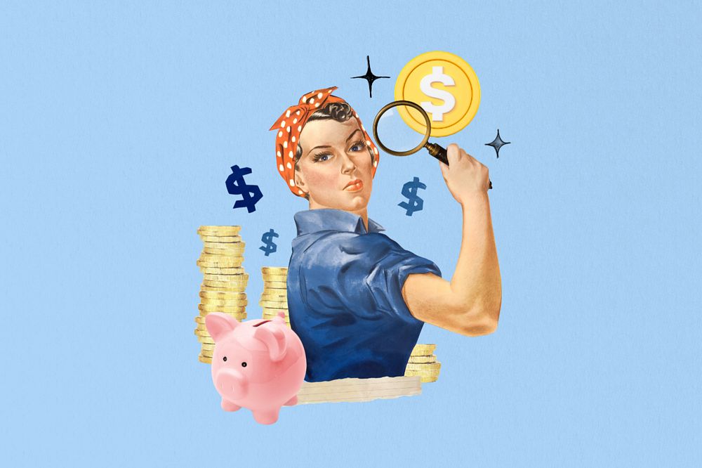 Money saving solution, woman holding magnifying glass editable collage. Remixed by rawpixel.