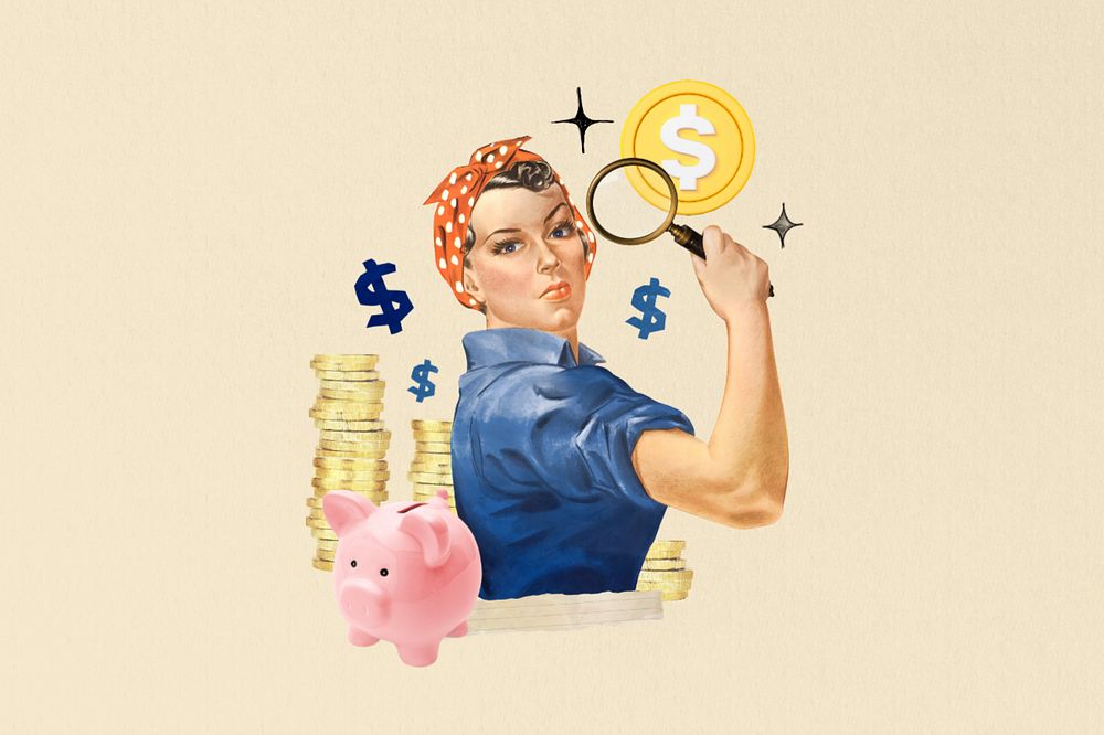 Money saving solution, woman holding magnifying glass editable collage. Remixed by rawpixel.