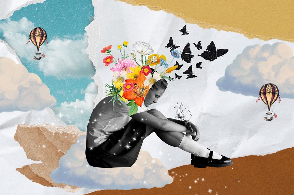 Student's mental health, surreal collage art, editable design