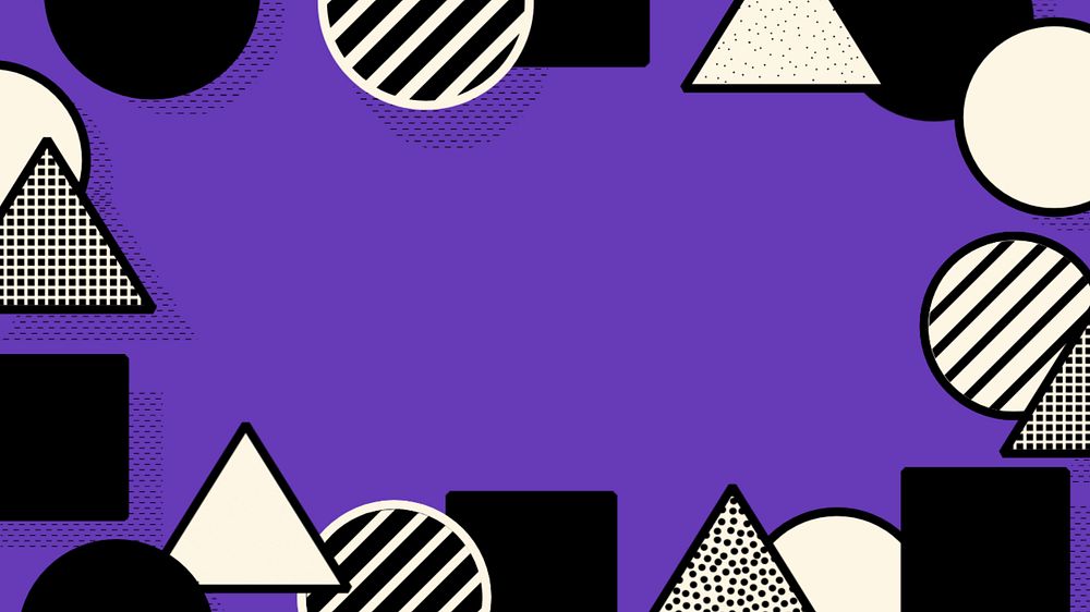 Purple geometric frame computer wallpaper, abstract triangle & circle shapes, editable design