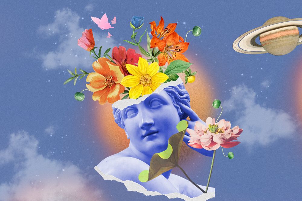 Floral statue head, outer space surreal remix, editable design