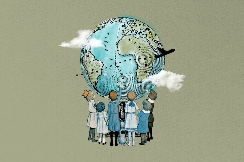 Children looking at globe, travel editable collage. Remixed by rawpixel.