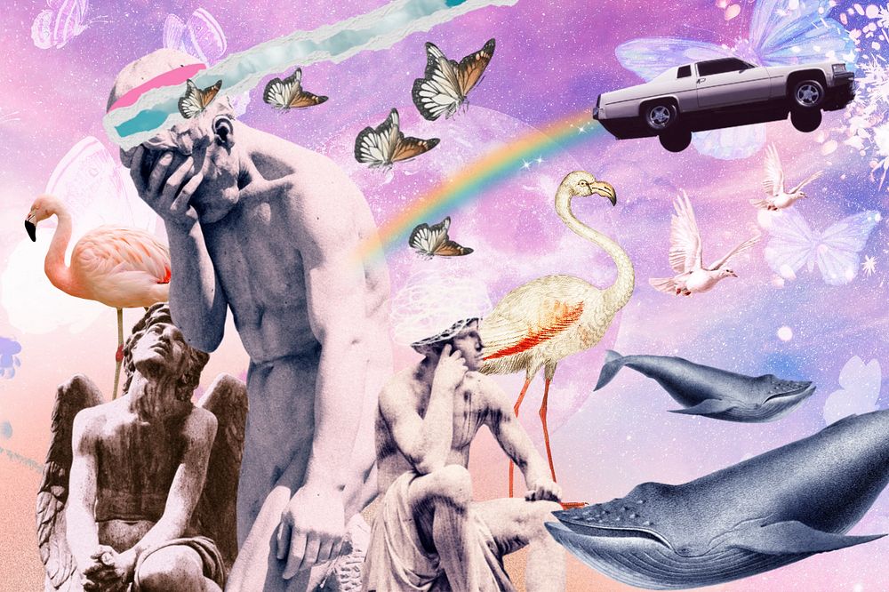 Surreal depressed Greek God, flying whale remix, editable design