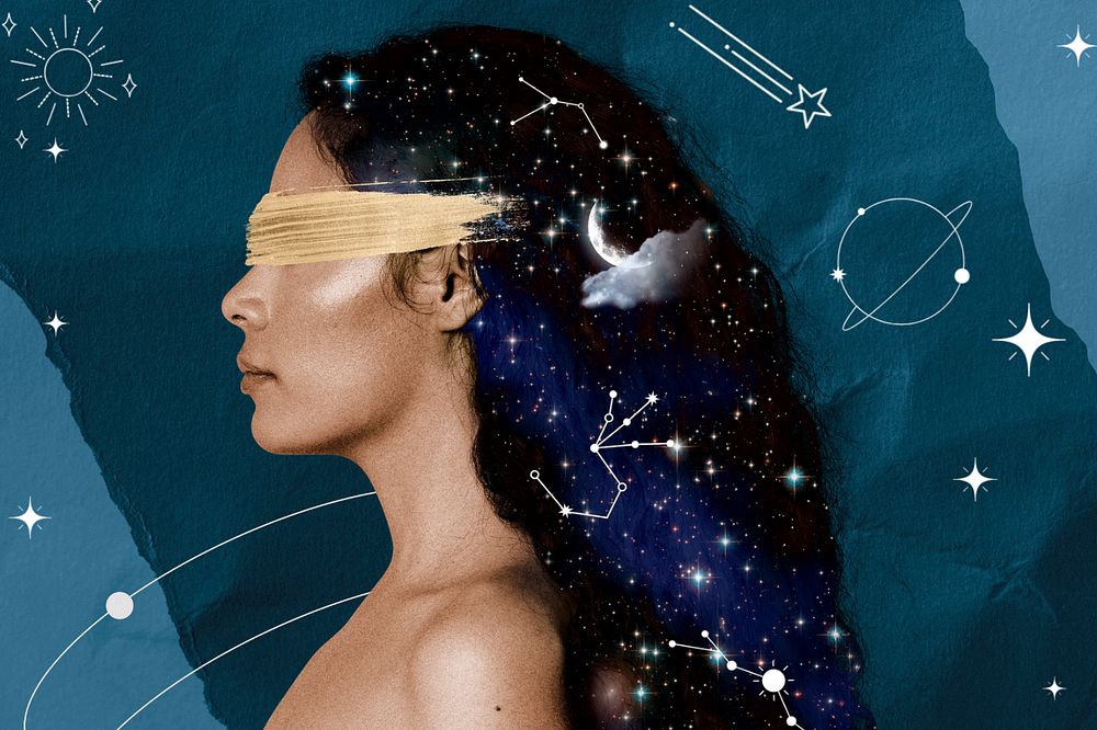 Side portrait woman, celestial collage art, editable design