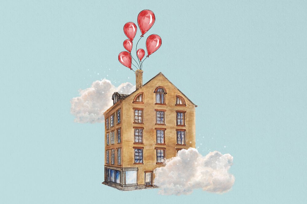 Floating building, editable vintage balloons. Remixed by rawpixel.