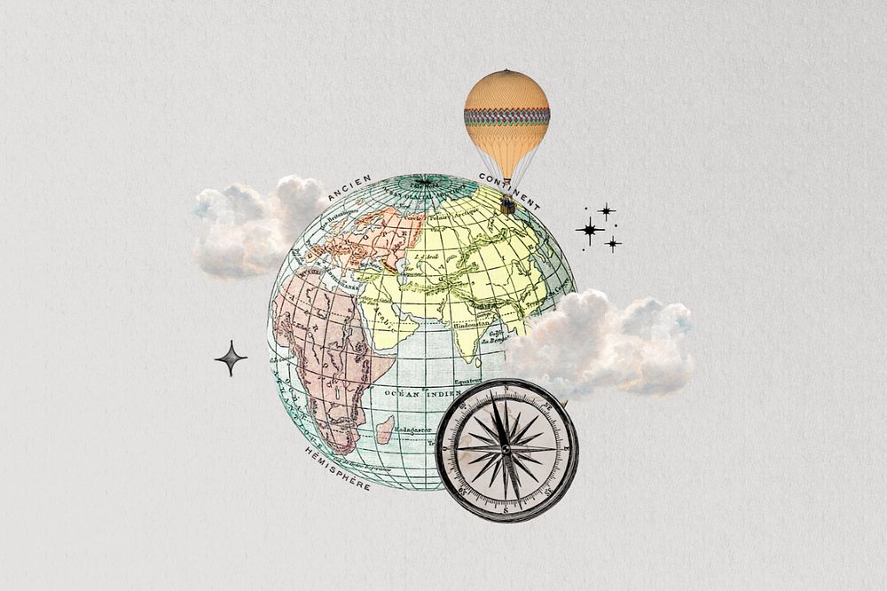 Aesthetic globe and compass, editable travel collage. Remixed by rawpixel.