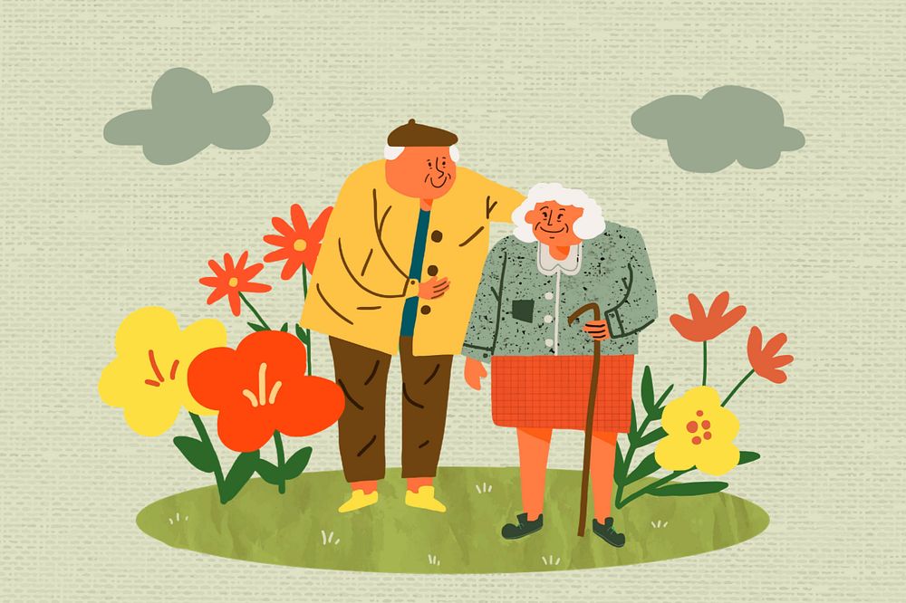 Cute senior couple doodle illustration, editable design