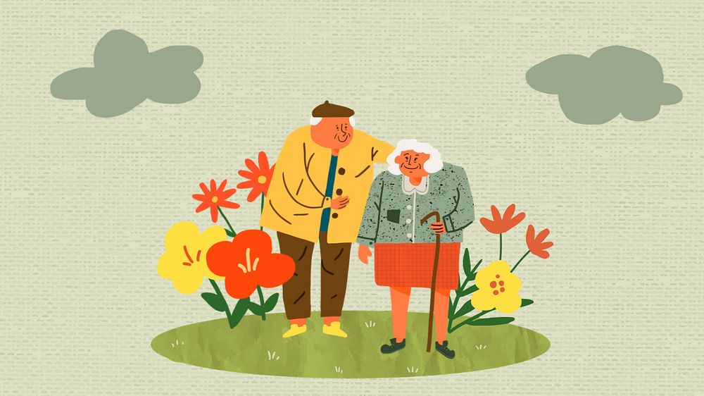 Cute old couple doodle desktop wallpaper, editable design