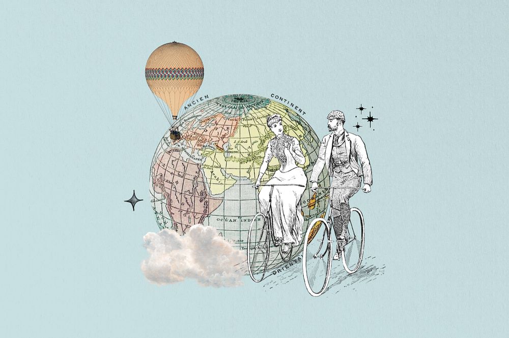 Aesthetic globe and biking couple editable illustration. Remixed by rawpixel.