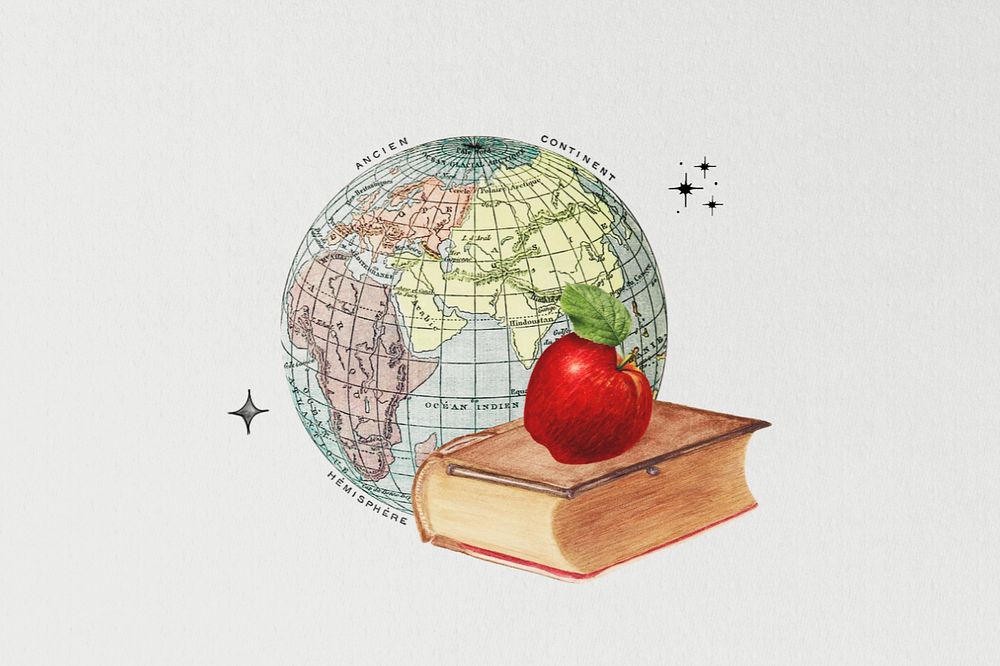 History education, editable apple on stacked books collage. Remixed by rawpixel.